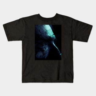 Portrait, digital collage and special processing. Man. Side of face, close up. Eye, forehead, nose. Legendary. Dark shapes, like feather. Aquamarine. Kids T-Shirt